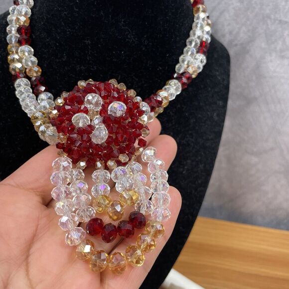 Vintage Beaded Necklace set earrings bracelet ring faux clear and ruby bead - Picture 8 of 16